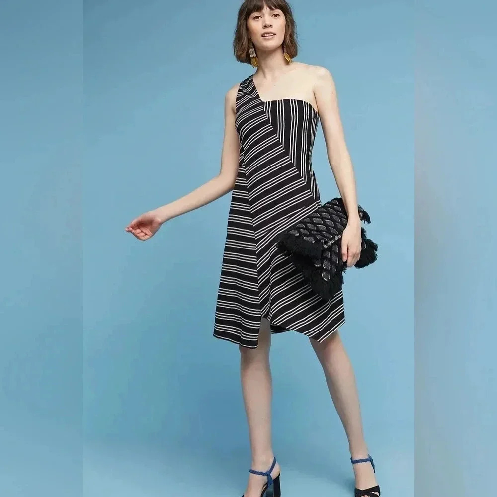 Anthropologie Maeve Black & White Stripe Moka One-Shoulder Dress Size XS